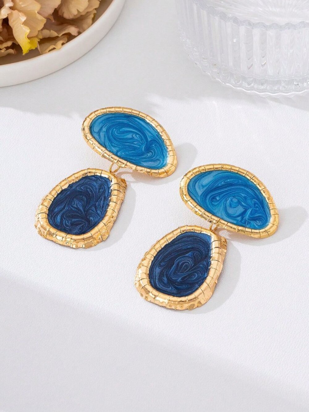 Blue Women's Gold Framed Marble Swirl Pendant Earrings